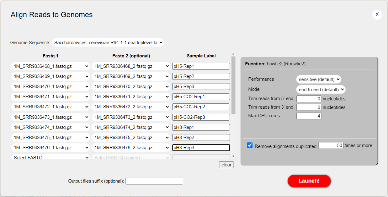 *Align Reads to Genome* dialog ready to launch the alignments processes.