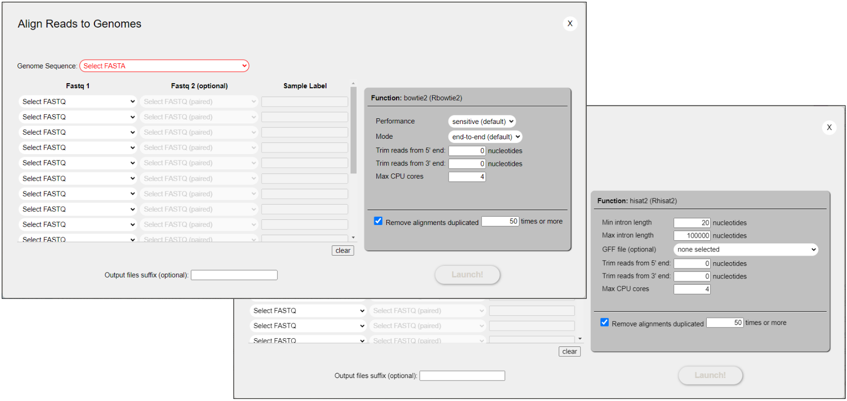 Window for the reads alignment. Input files are the genome reference (FASTA file) and the short reads files (FASTQ files). The shaded areas contains *bowtie*-specific or *hisat2*-specific parameters and therefore are differents according to the selected aligner.