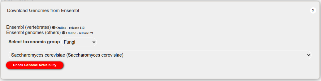 Checking the availability of genome files before downloading. The application will list available FASTA and GTF/GFF files